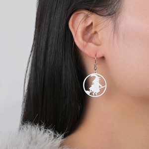 Silver witch on broomstick earrings in stainless steel silhouette for women