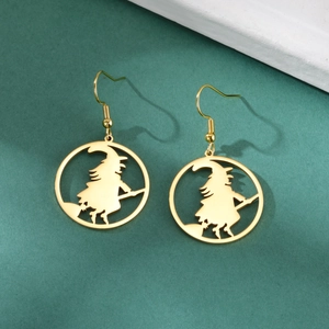Halloween Witch Riding Broom Stainless Steel Hollow Circle Dangle Hook Earrings For Women Fantasy Party Jewelry Gold Silver