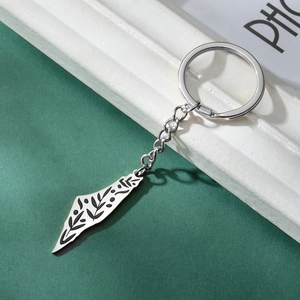 Polished stainless steel Israel map keychain with engraved black floral pattern