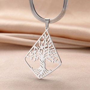 Macro detail of triangle tree of life pendant on a sleek flat herringbone chain