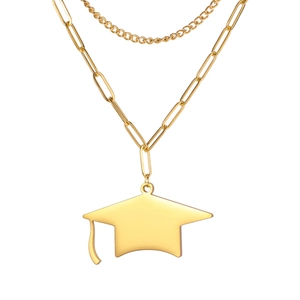 Double layered gold stainless steel necklace with a polished graduation cap pendant