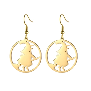 Golden stainless steel witch earrings on broom silhouette with classic fishhook backing
