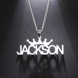 Customized crown name necklace with Jackson pendant in polished stainless steel for women
