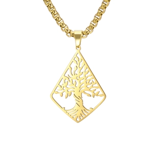Golden titanium steel tree of life necklace with hollow rhombus pendant and box chain