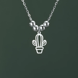 Minimalist stainless steel cactus pendant necklace with polished silver beads on a chain