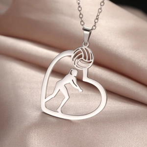 Colgante de corazón en acero inoxidable con silueta de jugadora de voleibol plateada