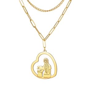 Zweilagige goldene Edelstahlkette mit Herzanhänger und Mutter-Kind-Silhouette-Motiv