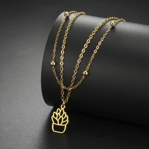 Detailed close-up of a gold stainless steel necklace with a hollow succulent plant pendant