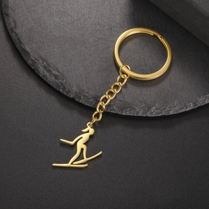 Porte-clés de ski en acier inoxydable doré avec pendentif skieur pour cadeau de sport