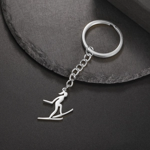 Porte-clés de ski en acier inoxydable argenté avec pendentif silhouette de skieur