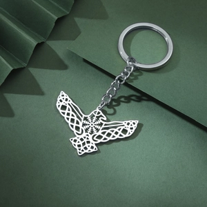 Celtic Eagle keychain with Viking Vegvisir symbol made of polished stainless steel