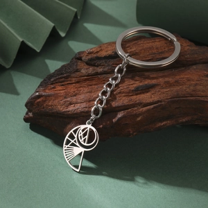 Modern hollow geometric shell pendant keychain in polished stainless steel with short chain