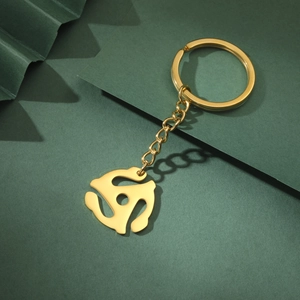 Golden 45 RPM record adapter keychain made of polished stainless steel with chain