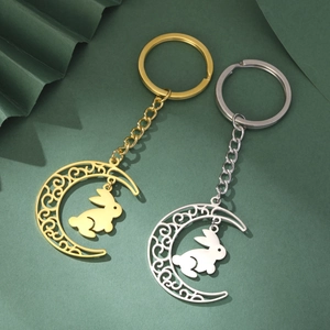 Porte-clés en Acier Inoxydable Lune et Lapin Filigrane Creux pour Hommes Femmes Bijoux Mode Cadeau Or Argent Pendentif