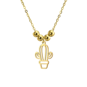 Minimalist gold stainless steel cactus necklace with five beads on a delicate chain link