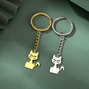 Cute Hollow Out Cat Silhouette Pendant Keychain 304 Stainless Steel Metal Key Ring Bag Charm Accessory Women Girls Gift
