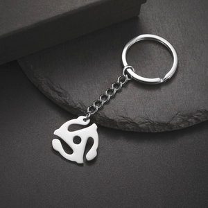 Polished silver stainless steel keychain featuring a 45 RPM vinyl record adapter charm