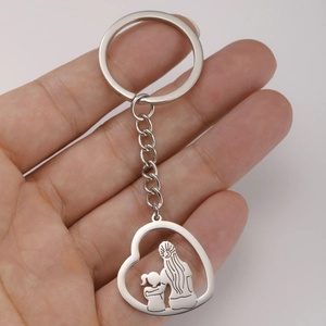Porte-clés cœur mère et enfant en acier inoxydable poli avec finition miroir