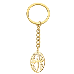 Golden stainless steel keychain featuring a vintage dragonfly oval cutout pendant with chain