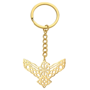 Golden Celtic knot eagle wings keychain with Viking Vegvisir compass pendant in stainless steel