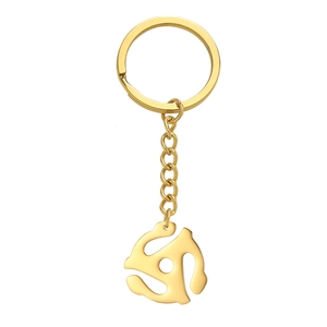 Polished gold 45 RPM adapter keychain with stainless steel chain and flat key ring