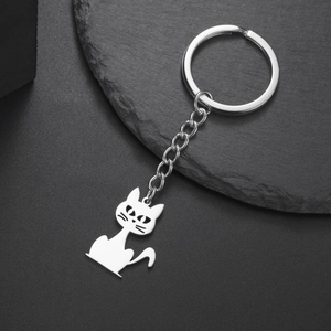 Polished silver stainless steel keychain featuring a cute cat silhouette pendant and ring
