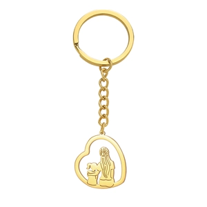 Porte-clés cœur doré avec silhouette mère et fille en acier inoxydable poli