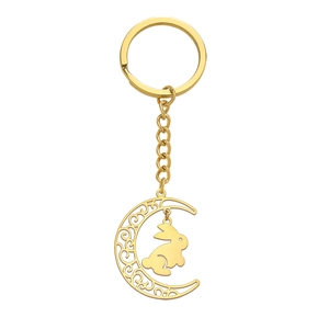 Porte-clés doré en acier inoxydable avec pendentif lune ajouré et charme lapin