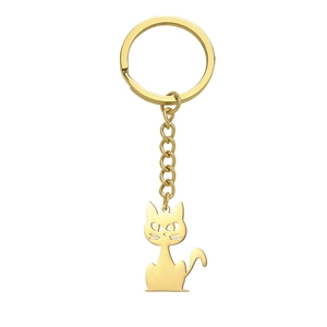 Polished golden cat silhouette keychain made of durable 304 stainless steel with a ring