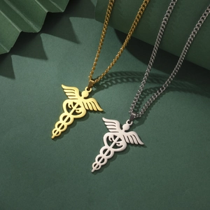 Titanium steel caduceus medical symbol pendant necklace in gold and silver finishes