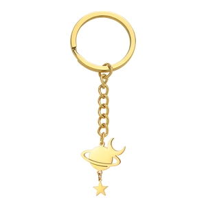 Polished gold Saturn planet keychain with crescent moon and star charm for men