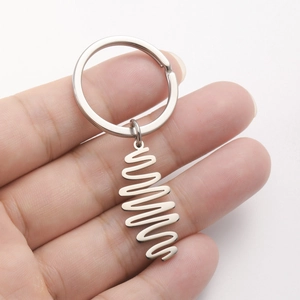 Minimalist stainless steel zigzag spiral keychain with polished silver metal finish