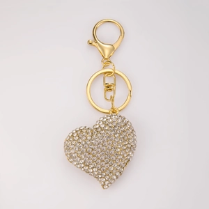Close-up of heart keychain with gold alloy lobster clasp and sparkling pave rhinestones