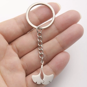Polished stainless steel ginkgo leaf keychain with double leaf pendants and metal link chain