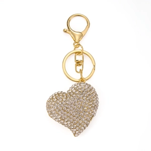 Golden heart keychain with white crystals featuring a secure lobster clasp on a white base