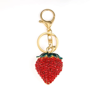 Porte-clés fraise de luxe avec strass rouges et alliage doré élégant pour sac