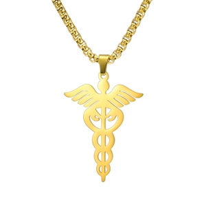 Golden Caduceus medical pendant necklace made of stainless steel with a box chain