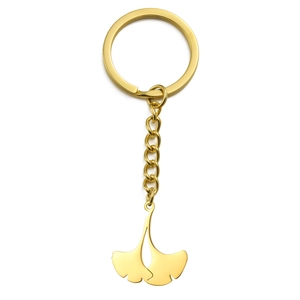 Polished gold ginkgo leaf keychain made of stainless steel with metal link chain and ring