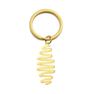 Minimalist gold titanium steel keychain with an abstract spiral wavy charm on a white background
