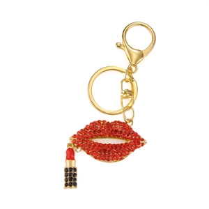 Porte-clés à lèvres rouges avec strass et rouge à lèvres en métal doré