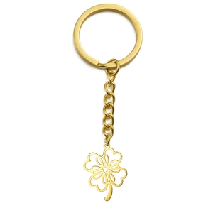 Polished gold four-leaf clover keychain with round key ring in 304 stainless steel