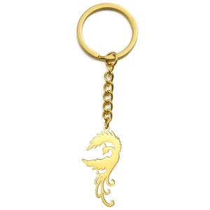 Polished gold stainless steel phoenix pendant keychain with a durable ring and chain
