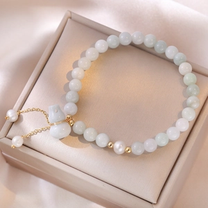 Bracelet En Perles De Culture D'eau Douce Baroque Avec Calcédoine Verte Pendentif Gourde Doré Bijoux Style Chinois Femme