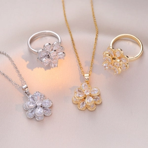Parure de Bijoux Fleur Rotative Zircone pour Femmes Acier Inoxydable Collier Double Couche et Bague Plaqué Or Argent Accessoire Élégant
