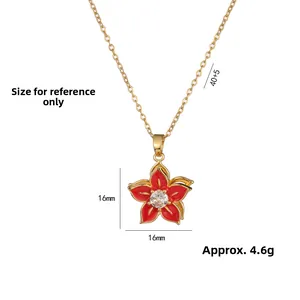 Red flower zircon pendant necklace with gold chain, 16mm size floral jewelry for women