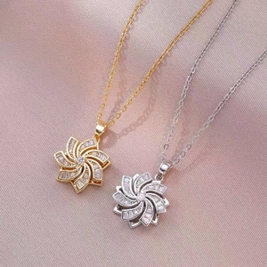 Rotating Flower Pendant Necklace Stainless Steel Inlaid Zirconia Windmill Flower Clavicle Chain For Women Fashion Jewelry