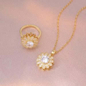 Sunflower Rotating Pendant Necklace And Ring Stainless Steel Zirconia Floral Jewelry Accessories Gift For Women