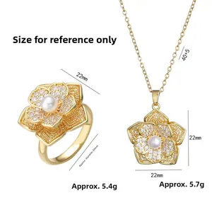 Elegantes Goldschmuck-Set mit Sonnenblumen aus Zirkonia und weißen Perlen für Damen