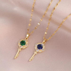 Collier Pendentif Clé Vintage Acier Inoxydable Fleur Zircon Bijoux De Luxe Pour Femmes Cadeau De Mode Élégant