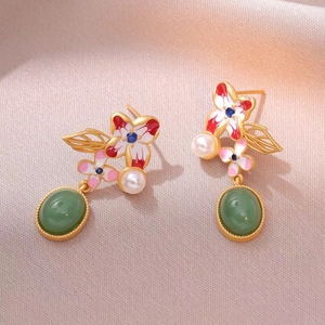Boucles D'oreilles Pendantes Fleurs Rétro Cuivre Émail Camélia Faux Jade Vert Künstliche Perle Blanche Style Chinois Vintage Bijoux Femmes